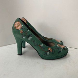 Jigsaw UK Teal Suede Embroidered Heels